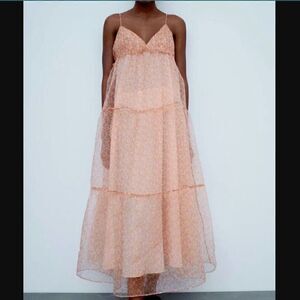 Zara Light Pink Floral Empire Waist Organza Baby Doll Maxi Dress Size Small